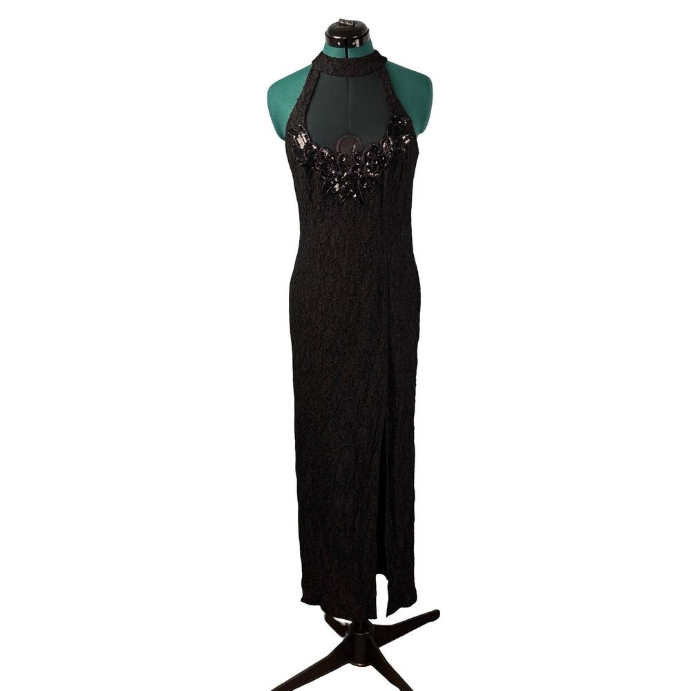 VTG 90's Bari Jay Black Halter Maxi Dress Size12 Sheer Mesh Strappy Back Y2k